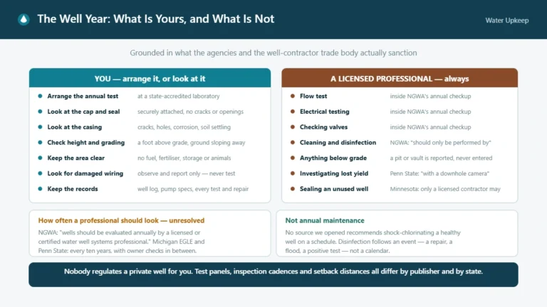 Two-column checklist dividing annual well maintenance into homeowner tasks — arranging the lab test, inspecting the cap, casing, grading, surroundings and visible wiring, and keeping records — and tasks reserved for a licensed professional, including flow and electrical testing, cleaning and disinfection, and sealing an unused well