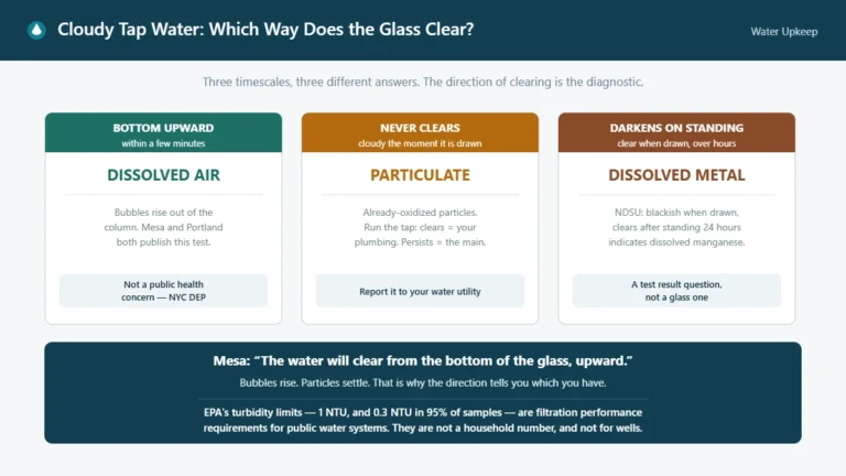 Three-card diagnostic showing what it means when a glass of cloudy water clears from the bottom upward, never clears, or darkens on standing.