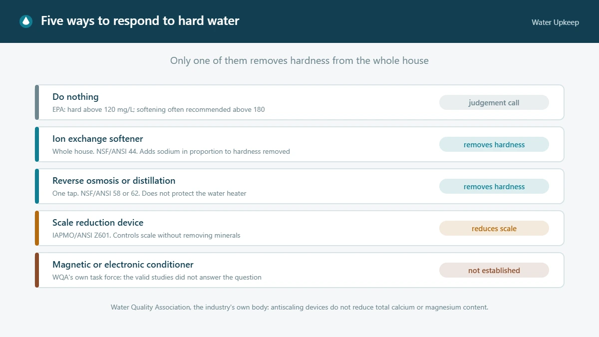 Diagram comparing five responses to hard water — doing nothing, an ion exchange softener, reverse osmosis or distillation at one tap, a scale reduction device, and magnetic or electronic conditioners — labelled by whether each removes hardness, reduces scale, or has not been established.