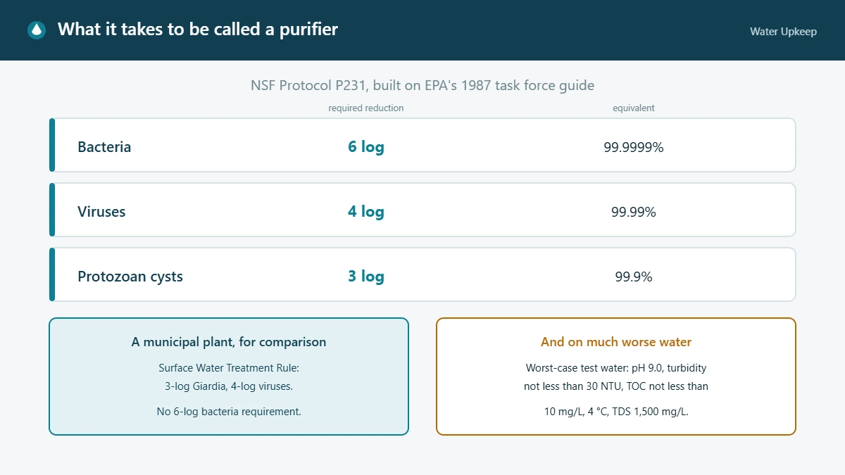 Diagram of the NSF P231 microbiological water purifier thresholds — 6 log for bacteria, 4 log for viruses, 3 log for protozoan cysts — compared with the Surface Water Treatment Rule and the worst-case test water conditions.