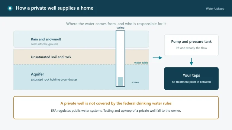 Cross-section diagram of a private well showing rain and snowmelt soaking into unsaturated soil, the water table, the aquifer, the well casing and screen, and the pump and pressure tank supplying the home taps.