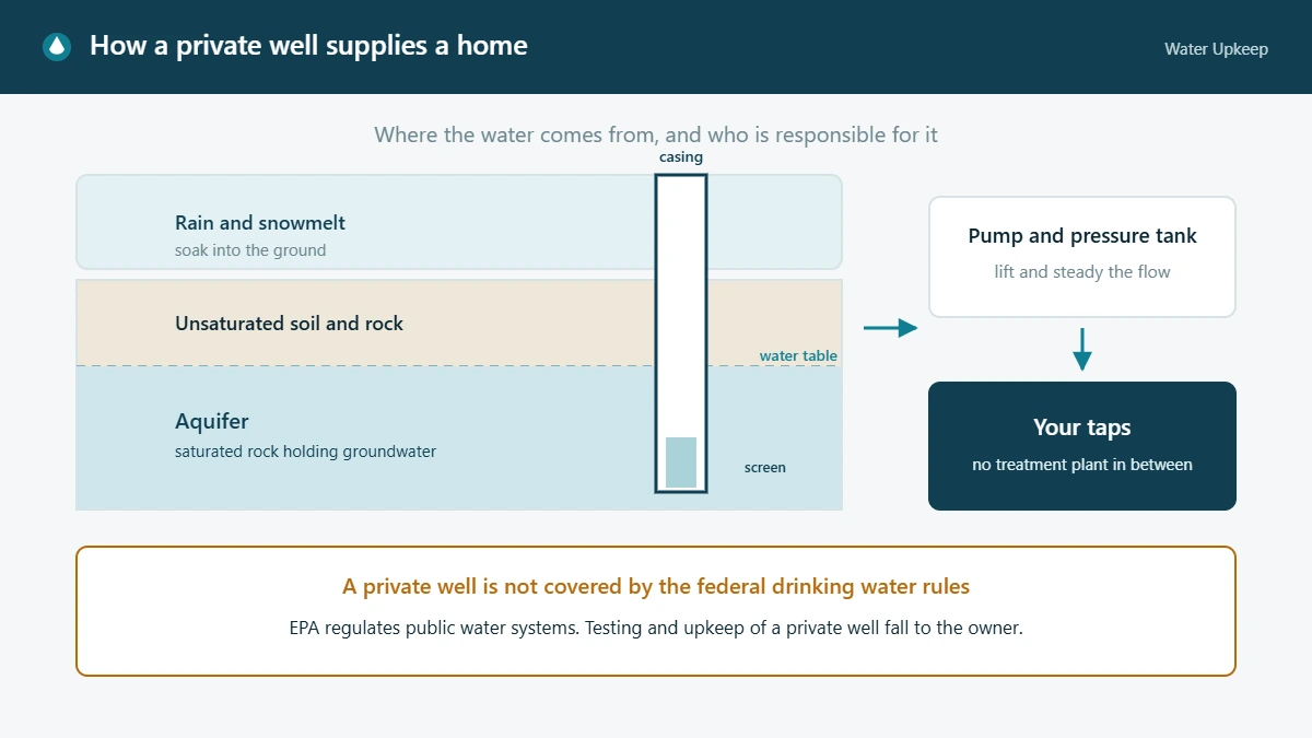Cross-section diagram of a private well showing rain and snowmelt soaking into unsaturated soil, the water table, the aquifer, the well casing and screen, and the pump and pressure tank supplying the home taps.