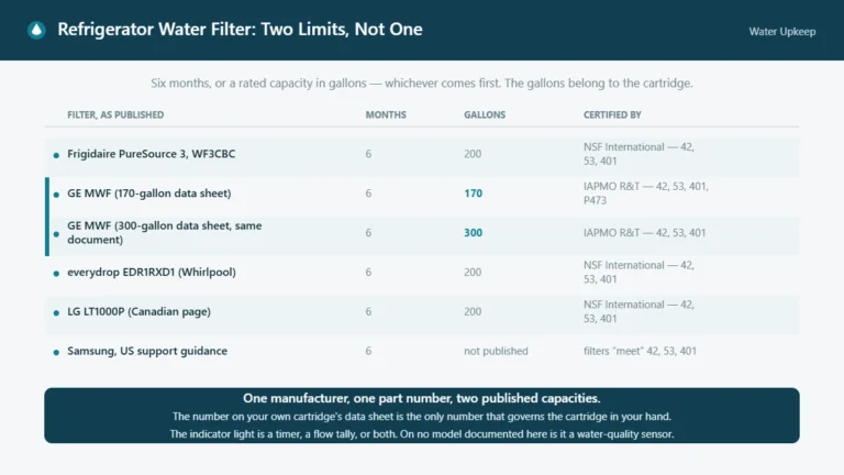Table of published refrigerator water filter intervals and rated capacities by named model, showing one manufacturer printing two different capacities for the same part number.