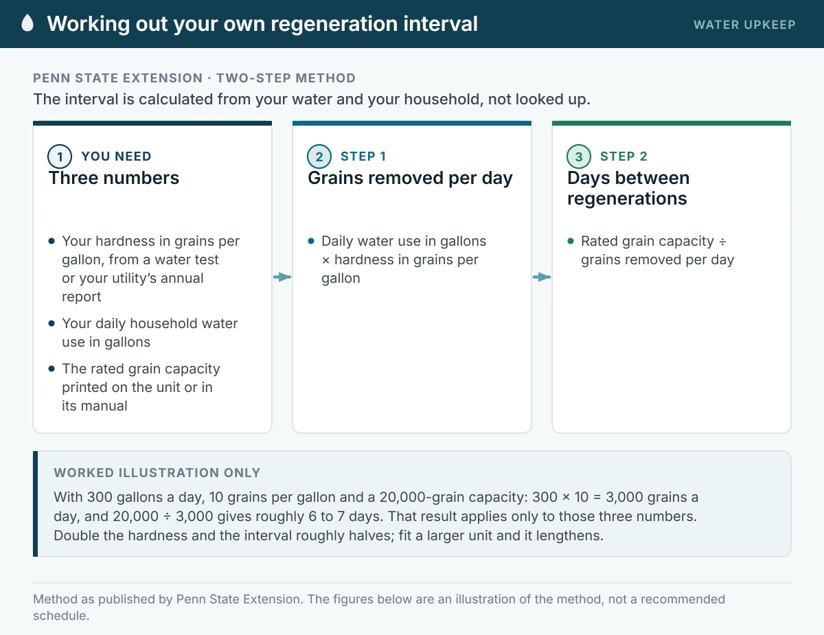 Three-step method for working out a softener regeneration interval: gather hardness, daily water use and rated grain capacity, multiply water use by hardness to get grains removed per day, then divide capacity by that figure to get days between regenerations.