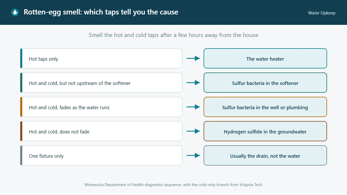 Diagnostic diagram matching which taps smell of rotten eggs to the likely cause: hot taps only points to the water heater, hot and cold to the softener, well or groundwater, and one fixture only to the drain.