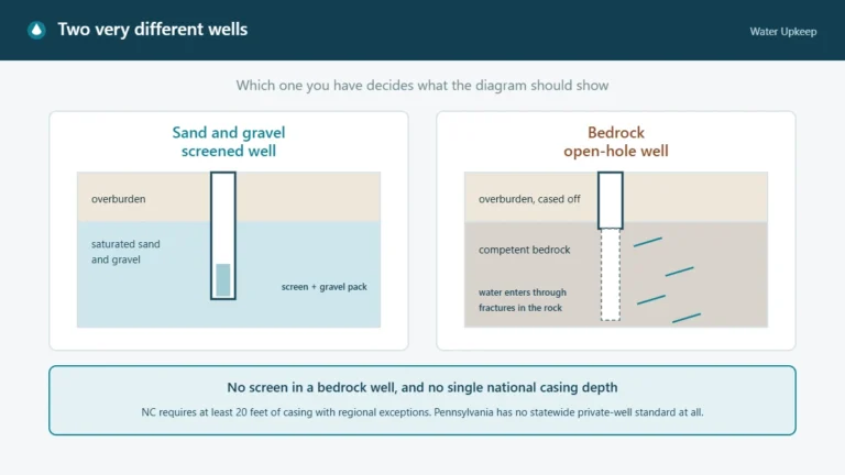 Side-by-side diagram of a screened well in sand and gravel and a cased-to-bedrock open-hole well where water enters through fractures in the rock.