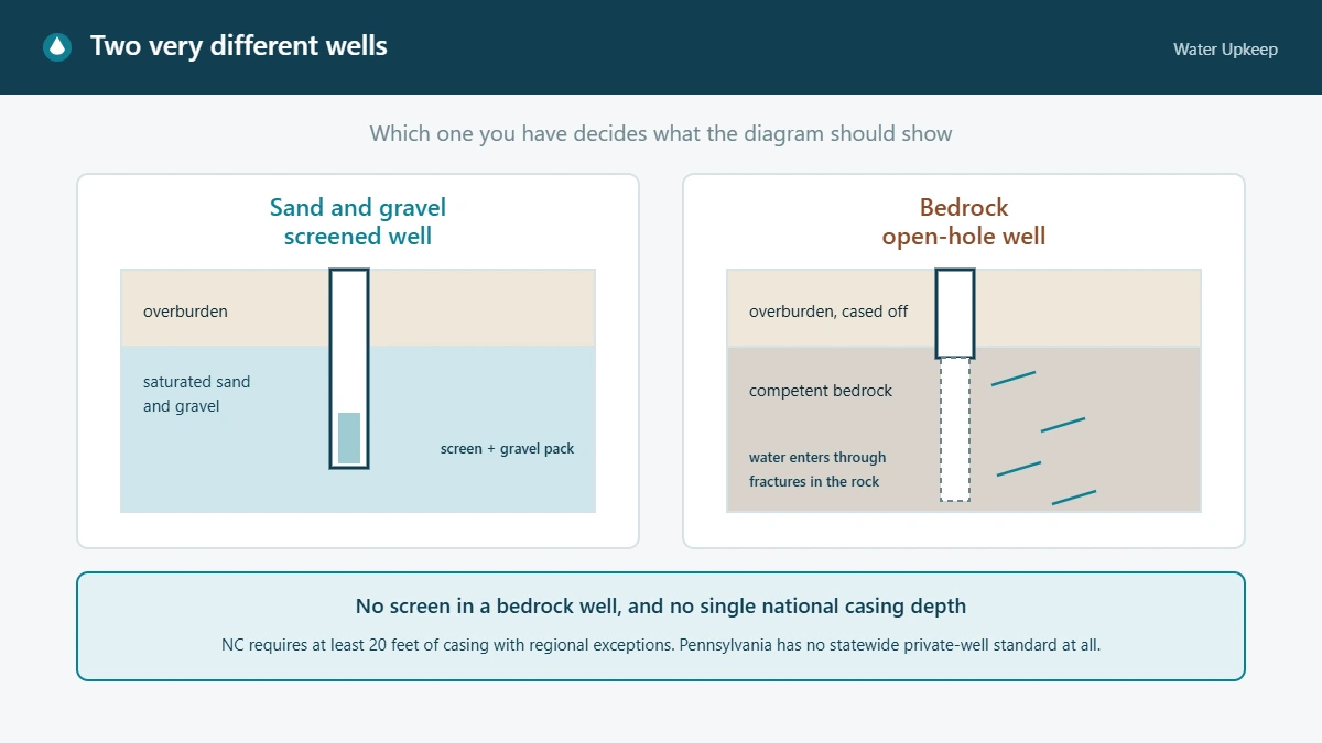 Side-by-side diagram of a screened well in sand and gravel and a cased-to-bedrock open-hole well where water enters through fractures in the rock.