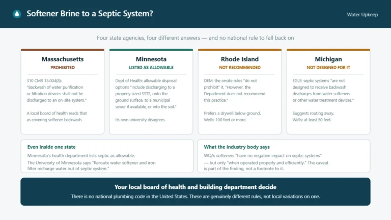 Comparison of four state positions on discharging water softener brine to a septic system: Massachusetts prohibited, Minnesota listed as allowable, Rhode Island not recommended, Michigan not designed for it, with the University of Minnesota and the Water Quality Association positions beneath