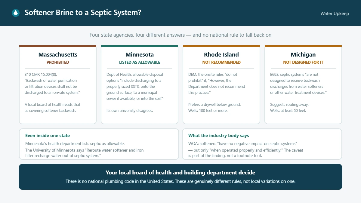 Comparison of four state positions on discharging water softener brine to a septic system: Massachusetts prohibited, Minnesota listed as allowable, Rhode Island not recommended, Michigan not designed for it, with the University of Minnesota and the Water Quality Association positions beneath