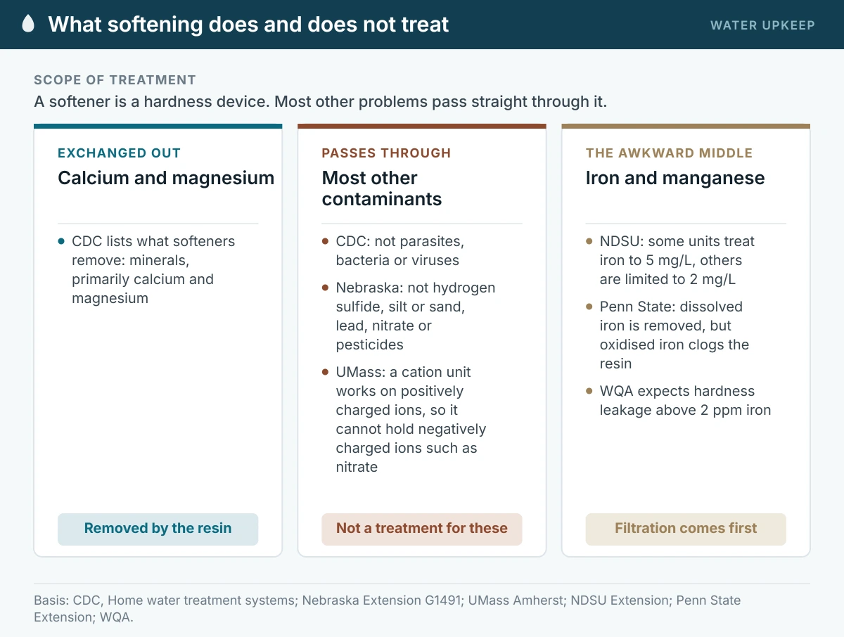 Three panels showing the scope of water softening: calcium and magnesium are exchanged out, most other contaminants including bacteria, nitrate and lead pass straight through, and iron and manganese sit in between and need filtration ahead of the softener.