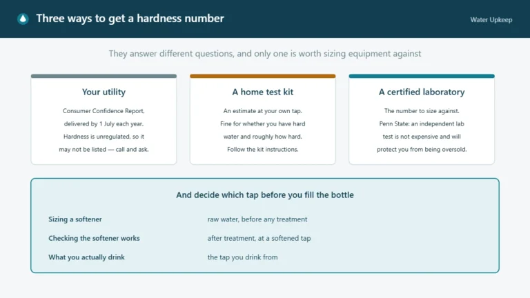 Diagram of three routes to a water hardness number — the utility annual report, a home test kit and a certified laboratory — and which tap to sample for sizing a softener, checking it works, or seeing what you drink.