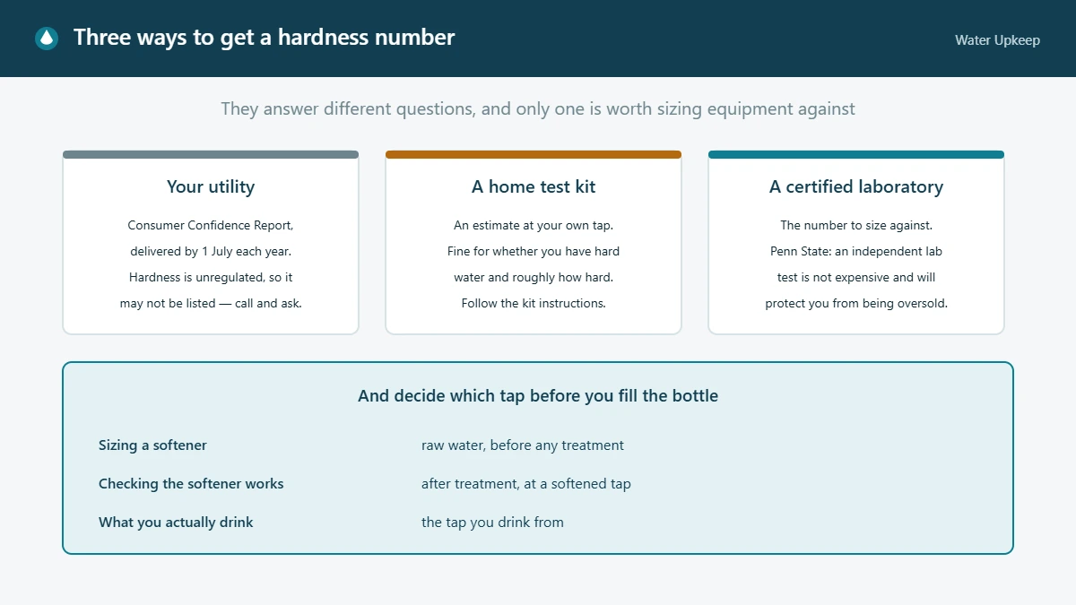 Diagram of three routes to a water hardness number — the utility annual report, a home test kit and a certified laboratory — and which tap to sample for sizing a softener, checking it works, or seeing what you drink.