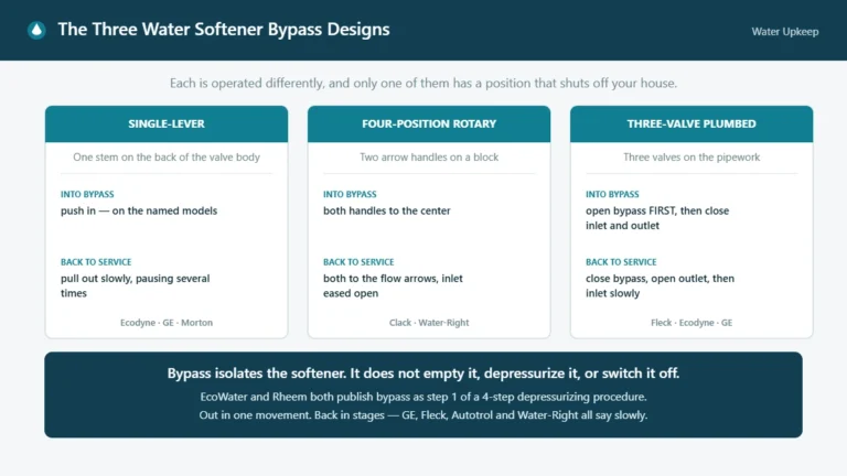 Three-column comparison of single-lever, four-position rotary and three-valve plumbed softener bypass designs, with the published order for entering and leaving bypass.