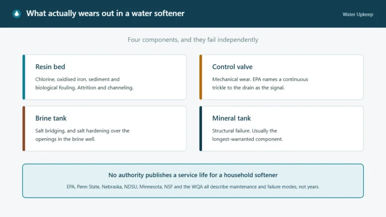 Diagram of the four water softener components that wear out independently: resin bed, control valve, brine tank and mineral tank, with the failure mode for each.
