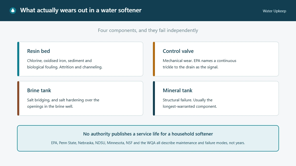 Diagram of the four water softener components that wear out independently: resin bed, control valve, brine tank and mineral tank, with the failure mode for each.