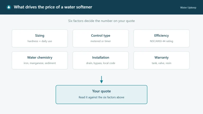 Diagram showing six factors that drive water softener price: sizing, control type, efficiency, water chemistry, installation and warranty, all feeding into your quote.
