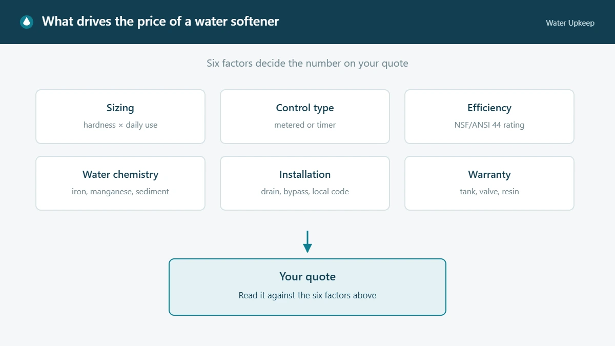 Diagram showing six factors that drive water softener price: sizing, control type, efficiency, water chemistry, installation and warranty, all feeding into your quote.
