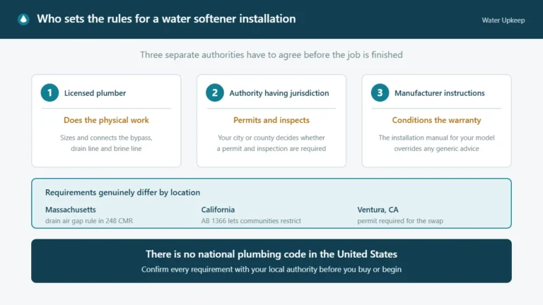 Diagram showing the three authorities that govern a water softener installation: the licensed plumber, the local authority having jurisdiction, and the manufacturer installation instructions