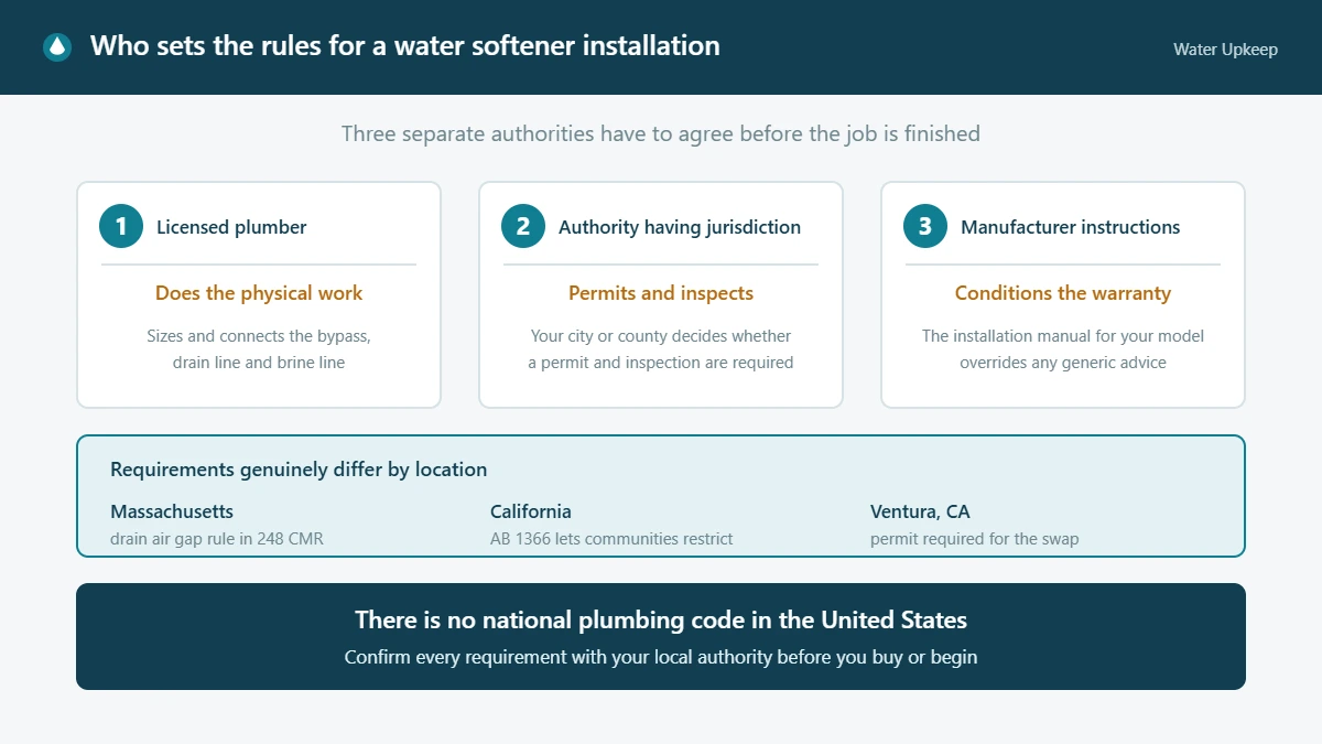 Diagram showing the three authorities that govern a water softener installation: the licensed plumber, the local authority having jurisdiction, and the manufacturer installation instructions