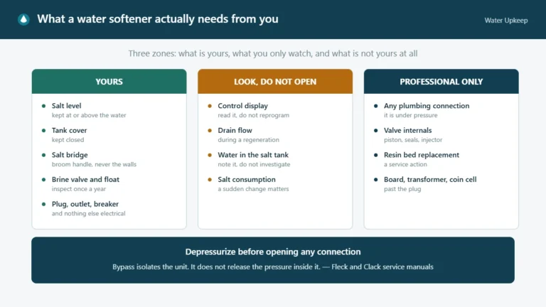 Diagram dividing water softener maintenance into three zones: homeowner tasks such as salt level and the annual brine valve check, items to observe only, and professional-only work including plumbing connections and valve internals