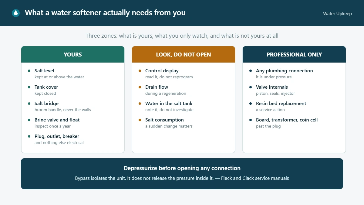 Diagram dividing water softener maintenance into three zones: homeowner tasks such as salt level and the annual brine valve check, items to observe only, and professional-only work including plumbing connections and valve internals
