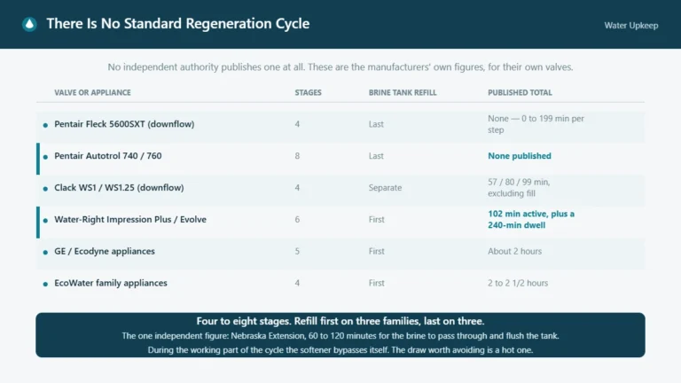 Table comparing published water softener regeneration cycles across six manufacturer families: stage count, where the brine refill sits, and each published total.