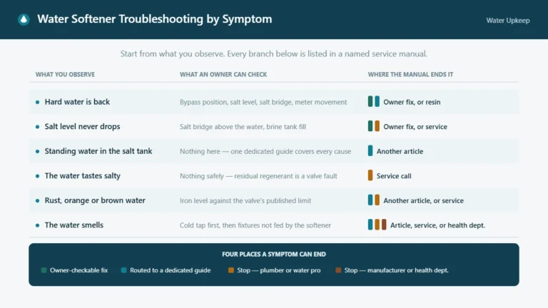 Table matching six water softener symptoms to owner checks and to one of four outcomes: owner fix, another guide, plumber, or manufacturer.