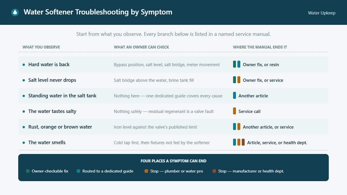 Table matching six water softener symptoms to owner checks and to one of four outcomes: owner fix, another guide, plumber, or manufacturer.