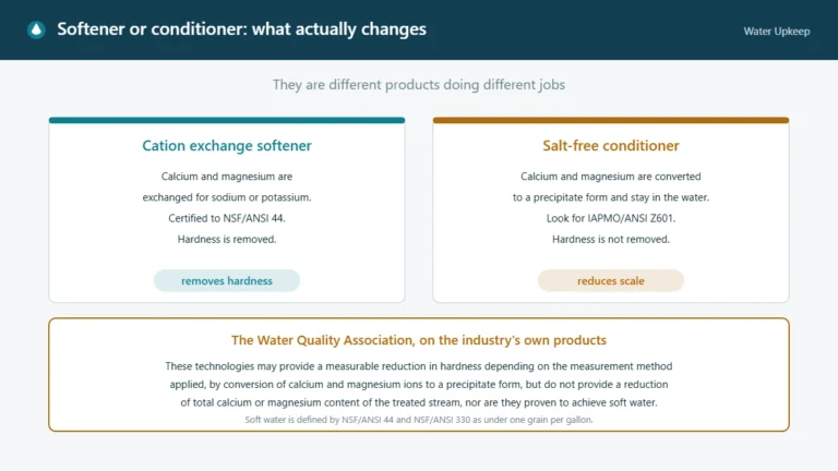 Diagram contrasting a cation exchange softener, which removes hardness and is certified to NSF/ANSI 44, with a salt-free conditioner, which converts calcium and magnesium to a precipitate form that stays in the water and reduces scale instead.