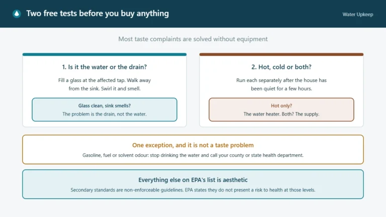 Diagram of two free tests for a water taste or odour problem: swirling a glass away from the sink to tell water from drain, and comparing hot and cold taps, with a warning that gasoline or solvent odour means stopping and calling the health department.