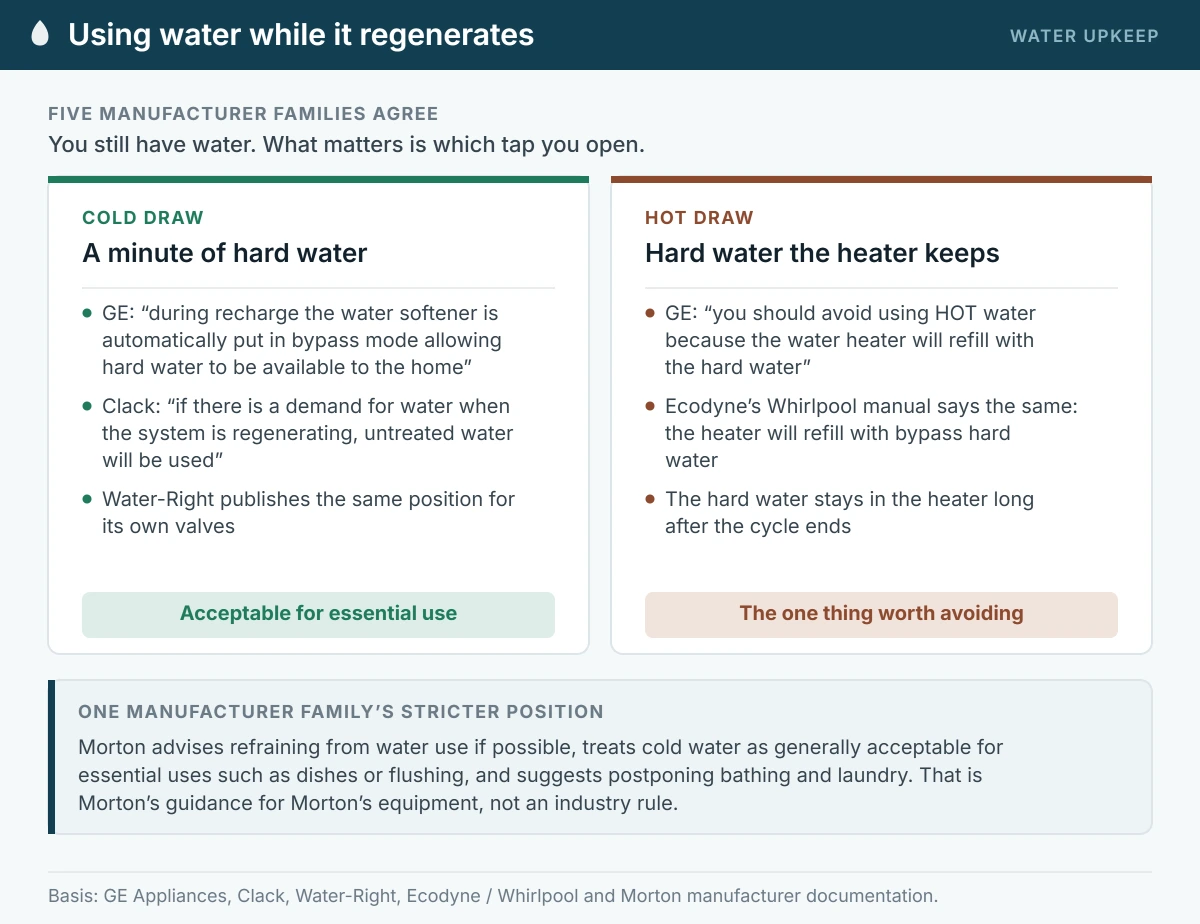 Two panels comparing a cold draw and a hot draw during a softener regeneration: a cold draw gives a minute of untreated water, while a hot draw refills the water heater with hard water that stays there after the cycle ends.