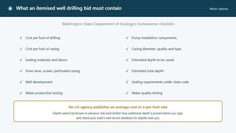 Checklist of the twelve line items Washington State Department of Ecology tells homeowners a well drilling bid should contain, with a note that no US agency publishes an average cost or a per-foot rate.