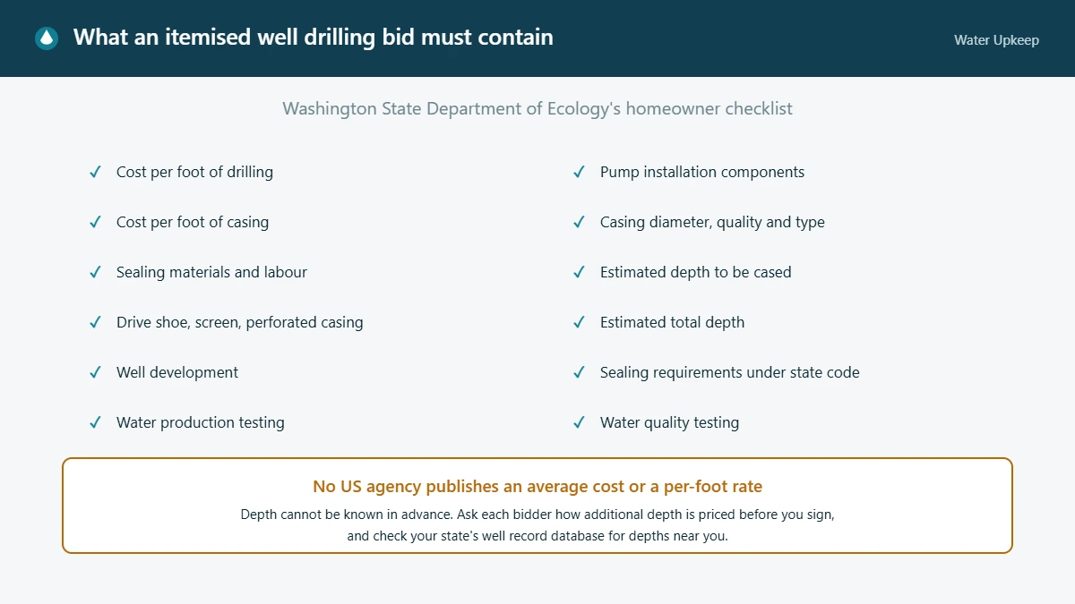 Checklist of the twelve line items Washington State Department of Ecology tells homeowners a well drilling bid should contain, with a note that no US agency publishes an average cost or a per-foot rate.