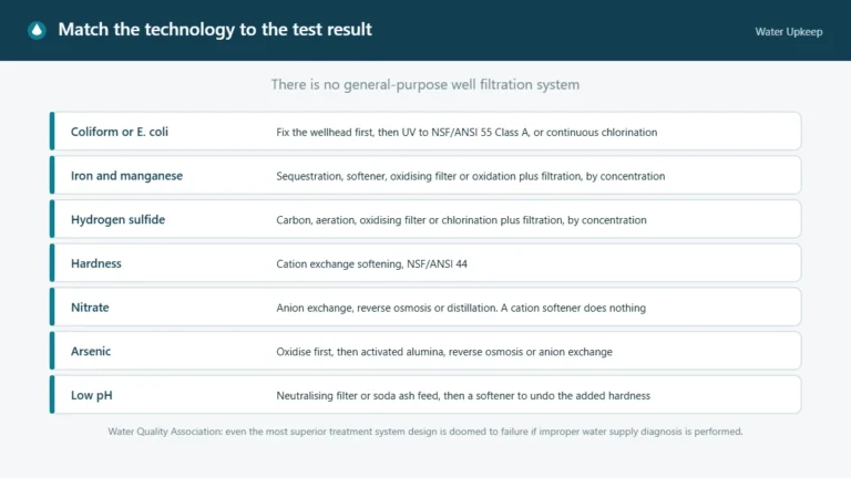 Table matching private well test findings — coliform, iron and manganese, hydrogen sulfide, hardness, nitrate, arsenic and low pH — to the treatment technologies that address each.
