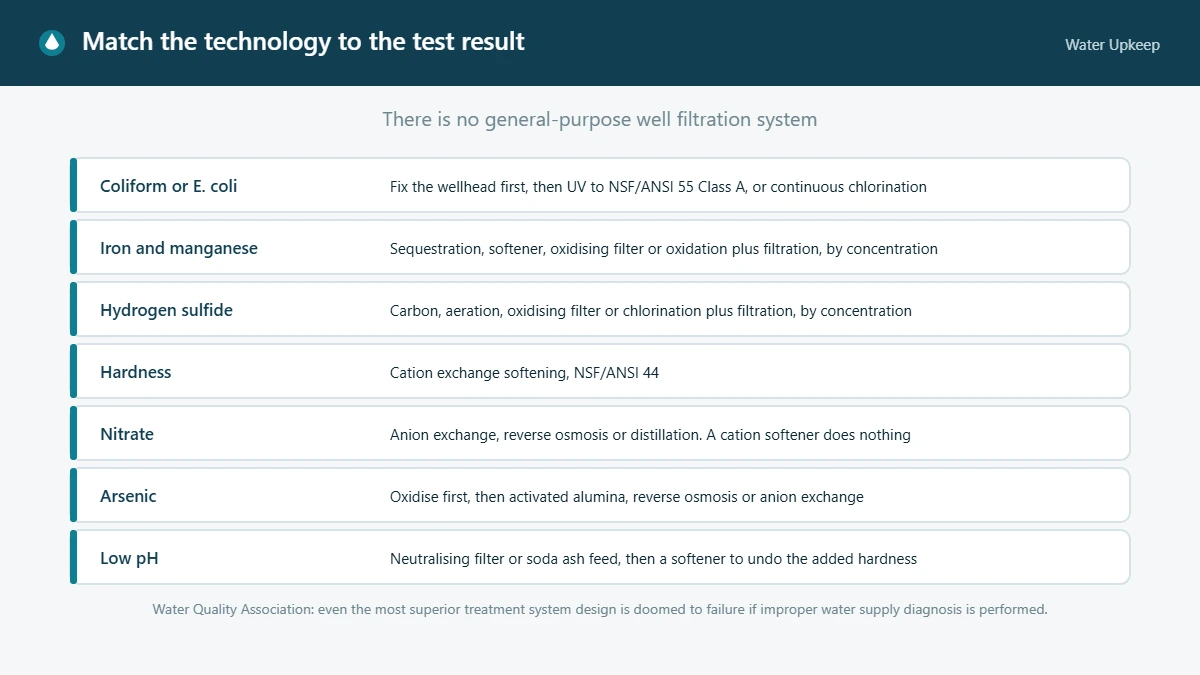 Table matching private well test findings — coliform, iron and manganese, hydrogen sulfide, hardness, nitrate, arsenic and low pH — to the treatment technologies that address each.
