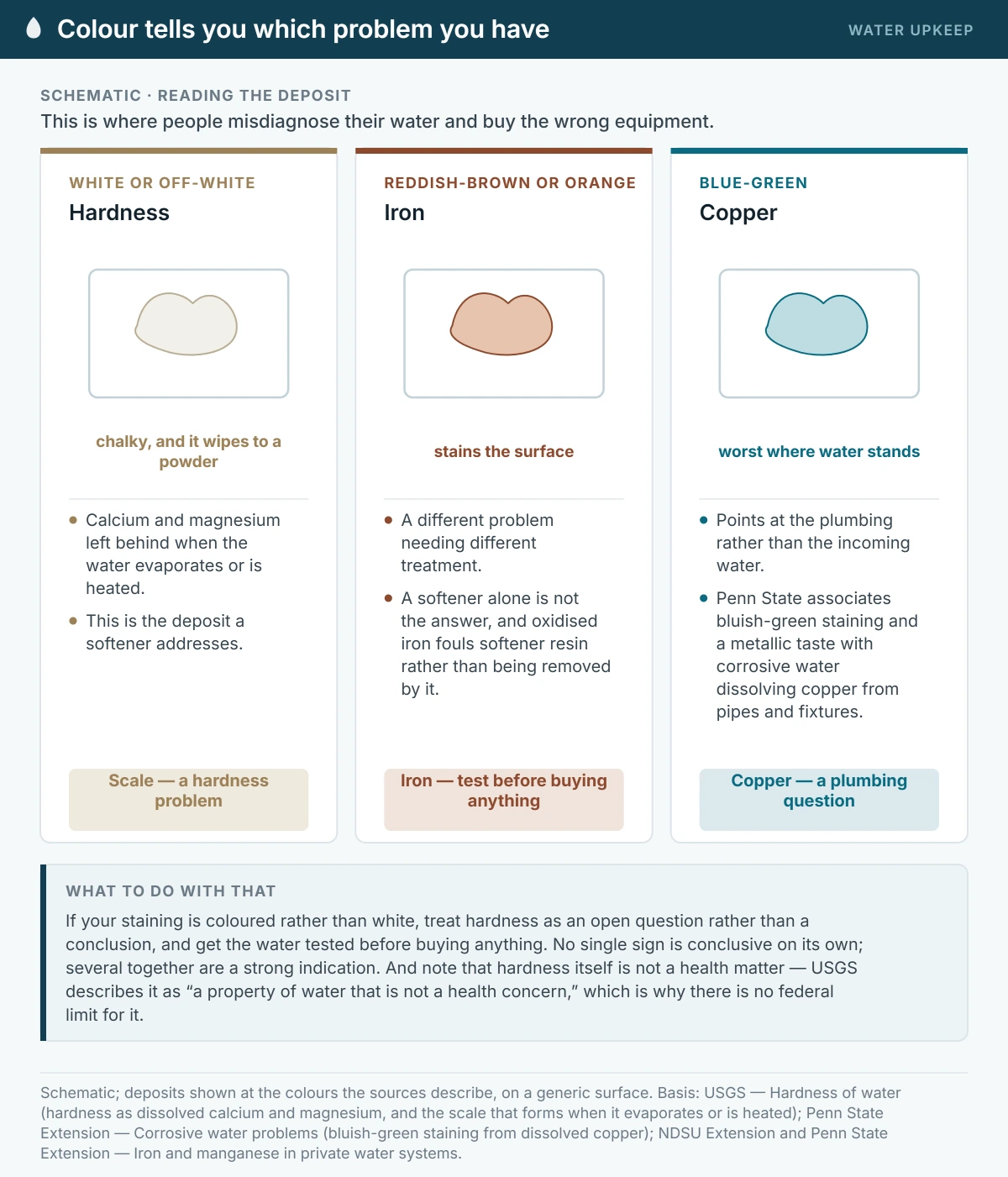 Three panels showing the three deposits people confuse. A white chalky deposit is hardness scale and is what a softener addresses. A reddish-brown or orange stain is iron and needs different treatment. A blue-green stain is copper and points at the plumbing rather than the incoming water.