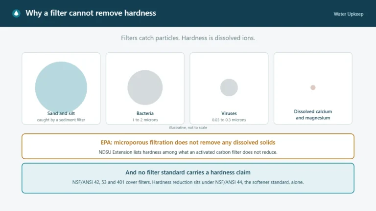Diagram comparing the illustrative size of sand and silt, bacteria, viruses and dissolved calcium and magnesium ions, with EPA stating that microporous filtration does not remove any dissolved solids.